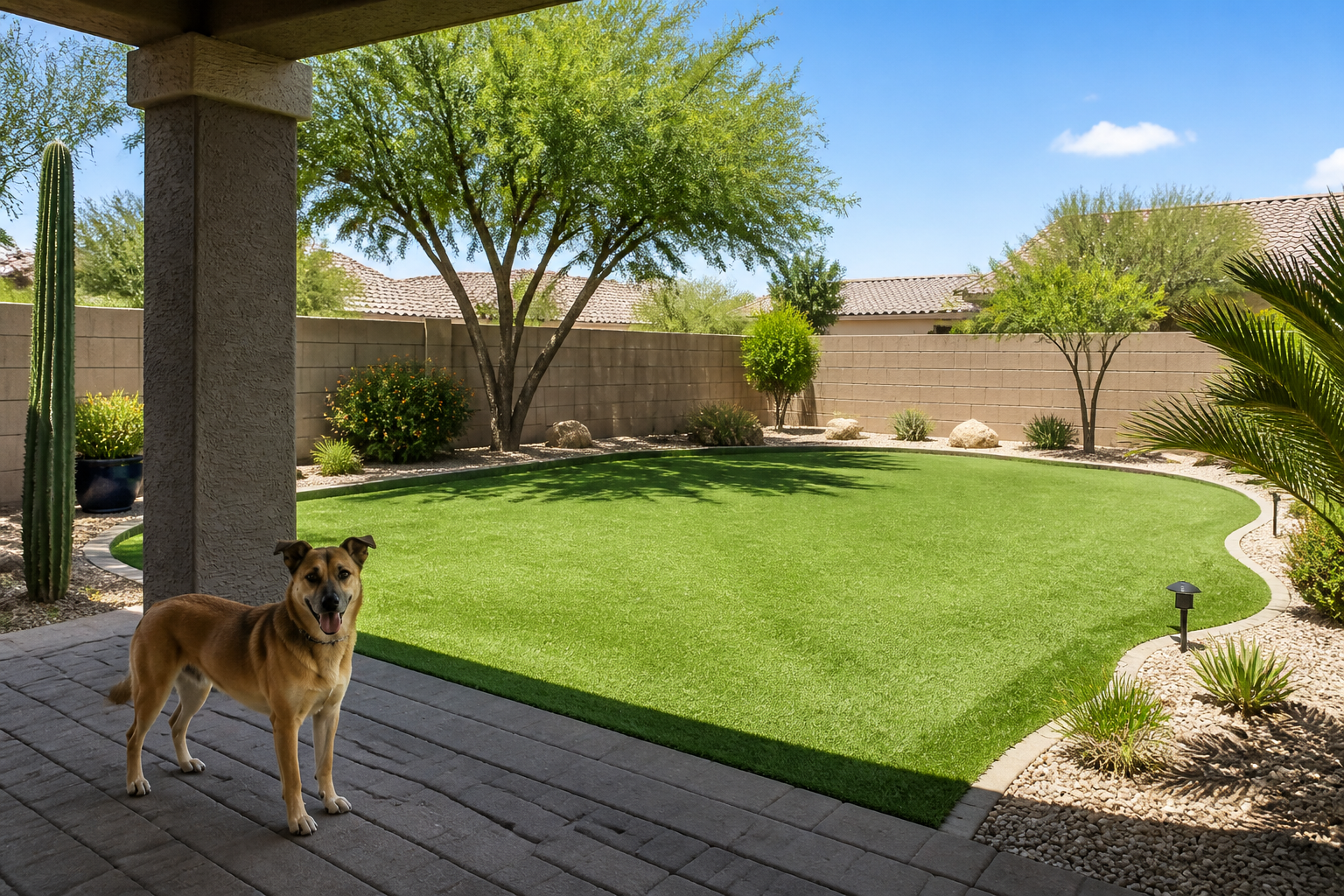 Dog resting beside artificial turf in a sunny Arizona backyard