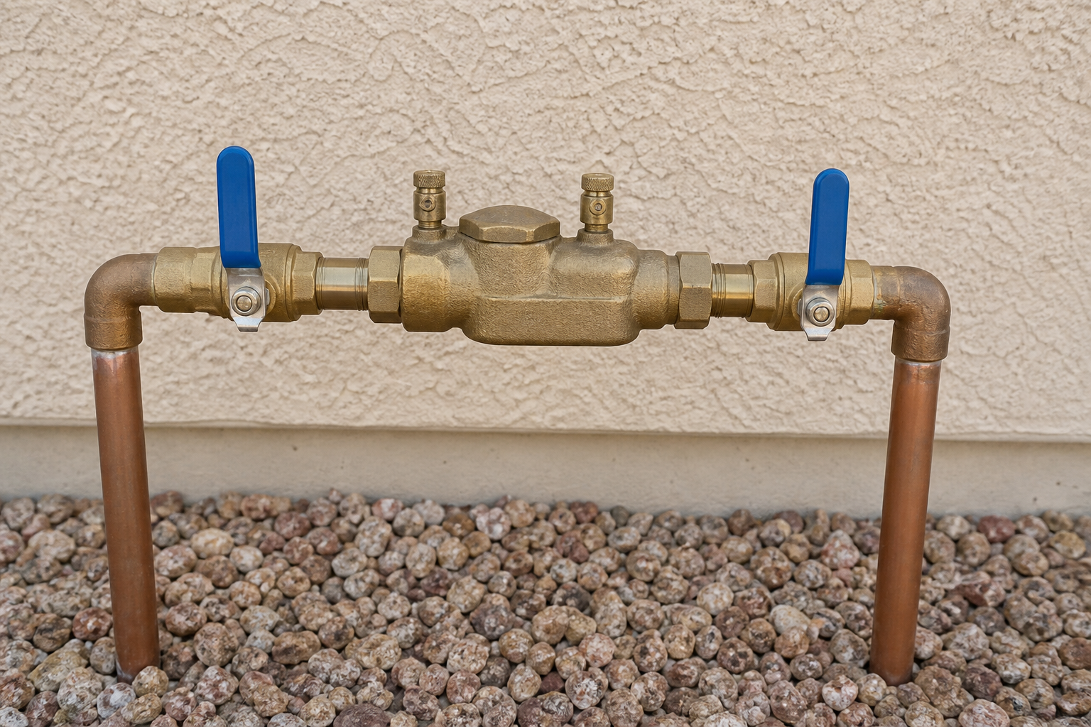 Two-handle irrigation backflow assembly shown in the closed position
