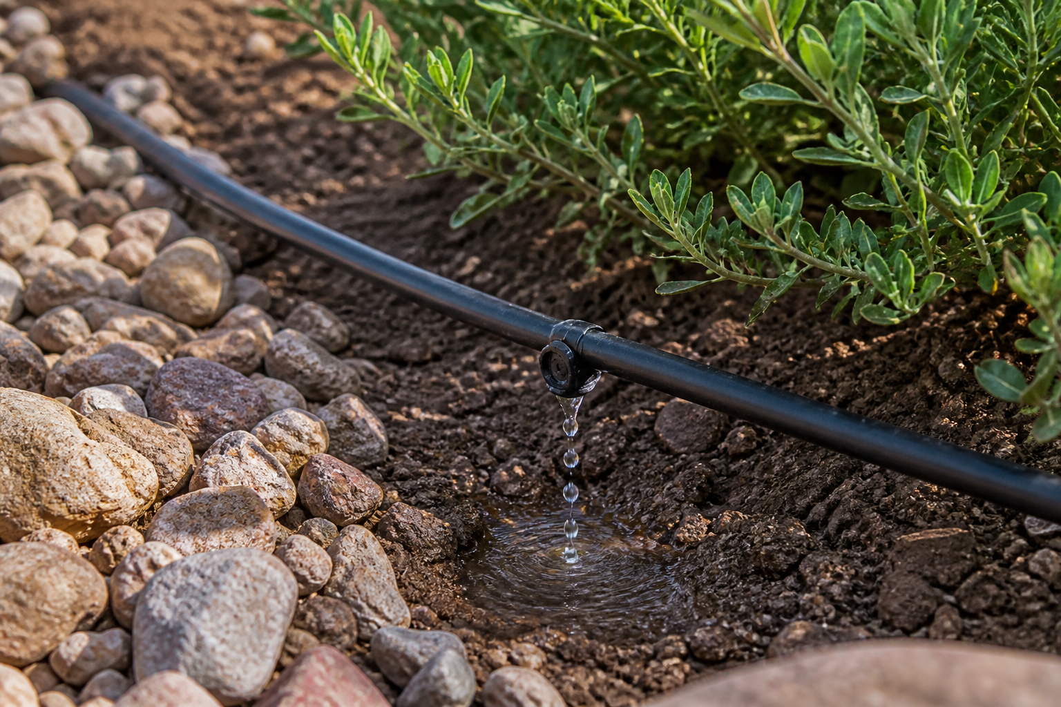 Working drip emitter delivering water beside an Arizona landscape plant