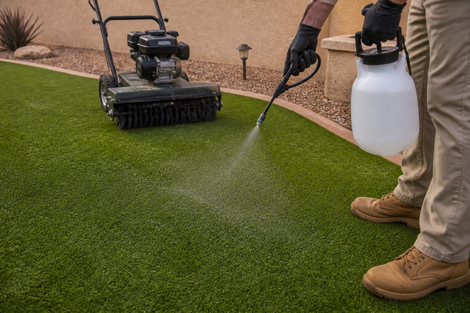 Targeted odor-control treatment being applied to artificial turf