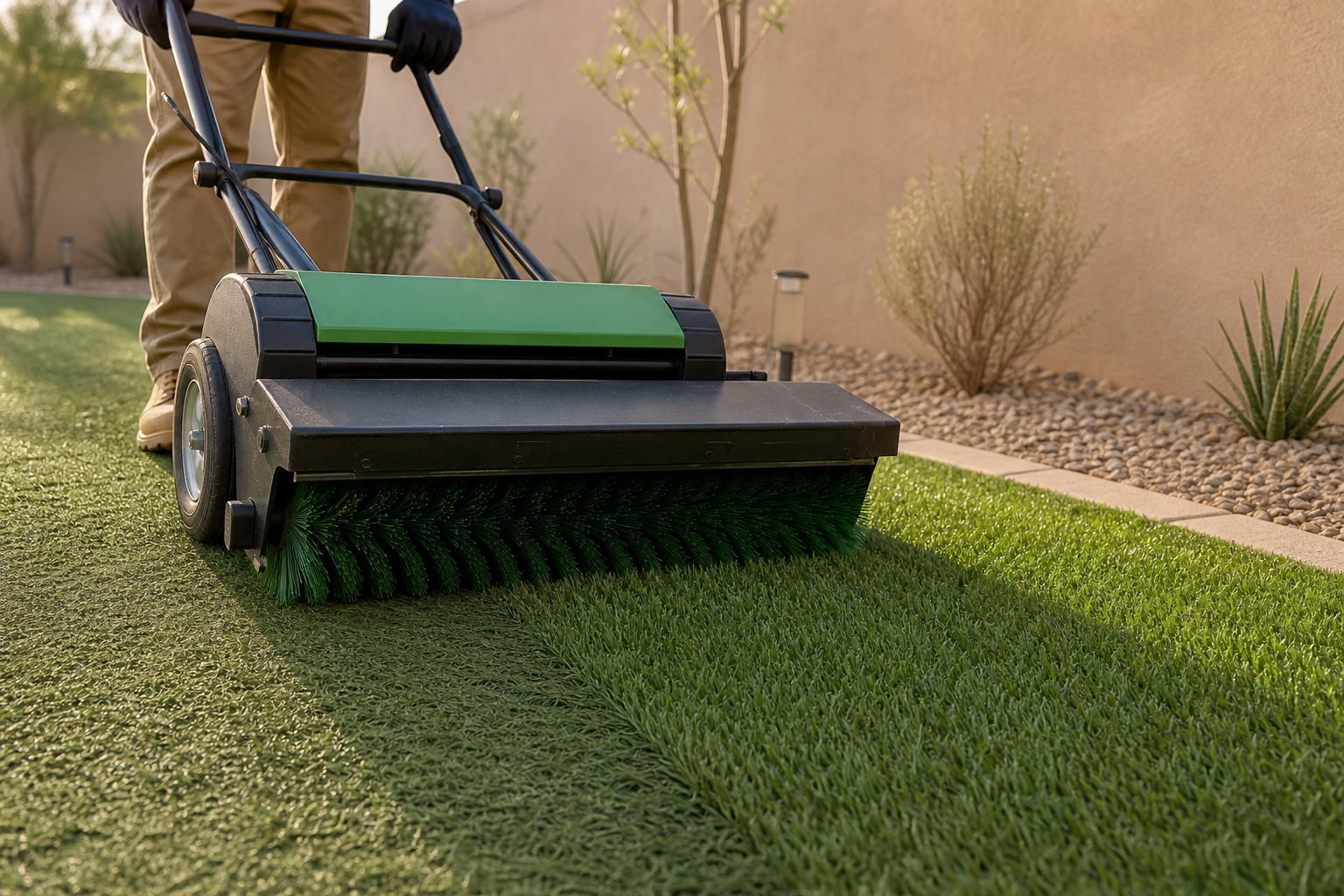 Power broom lifting and grooming artificial turf fibers