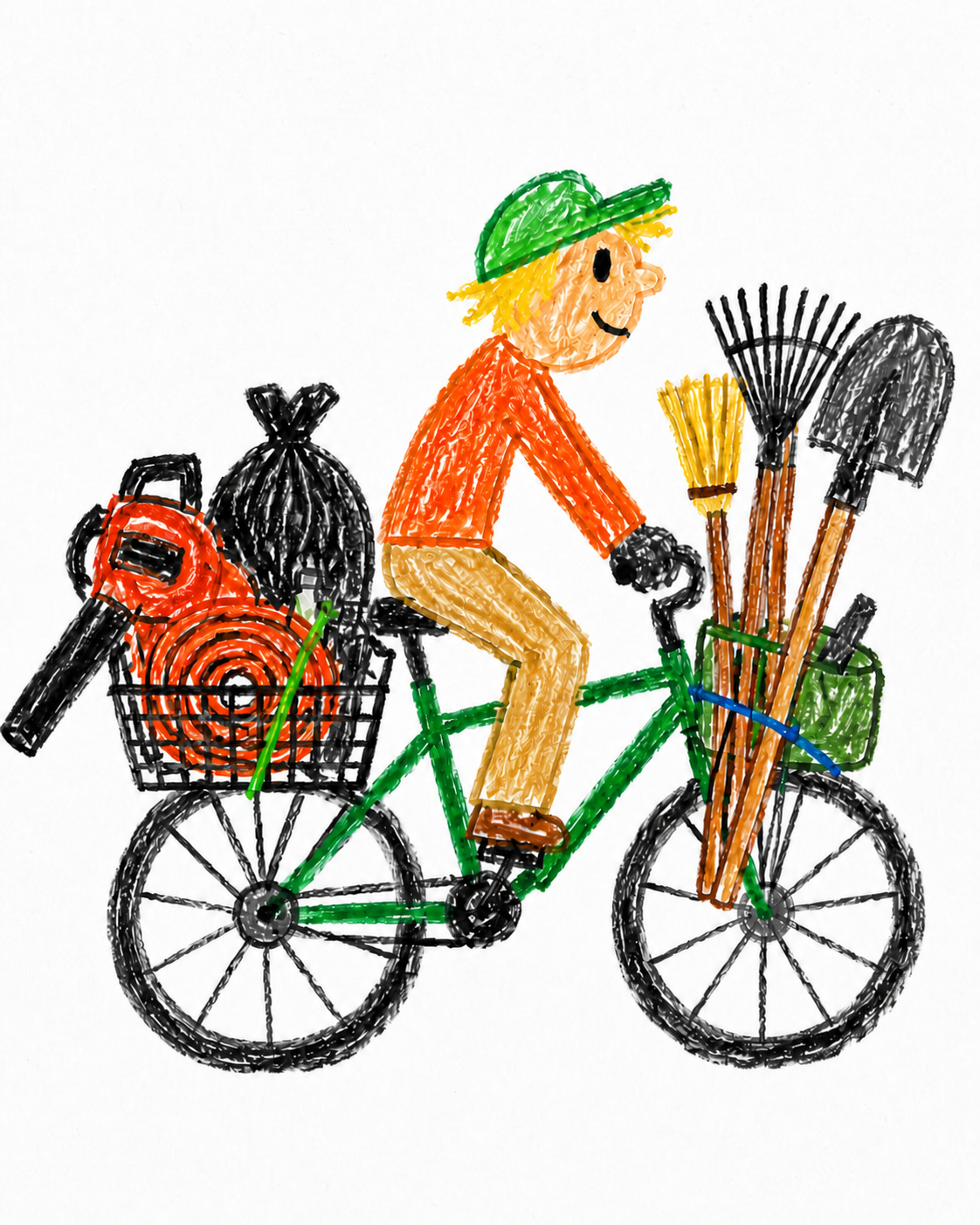 Illustration of Seth starting Arrowscape by carrying landscaping tools on a bicycle